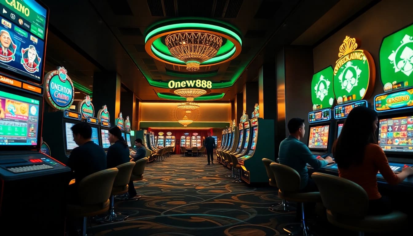 Explore the dynamic online betting environment of onew88.com featuring vibrant digital casino imagery.