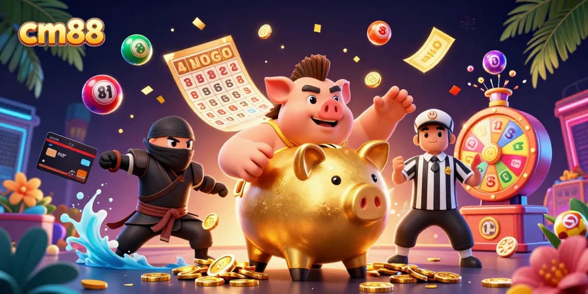 cm88 engages players with a thrilling showdown between a golden piggy bank sumo wrestler and a ninja, surrounded by colorful lottery elements.