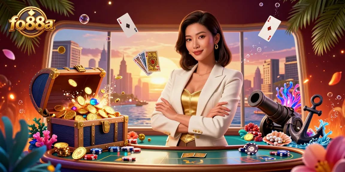 Engage with fo88a’s thrilling casino experience featuring a powerful business-woman surrounded by dynamic elements.