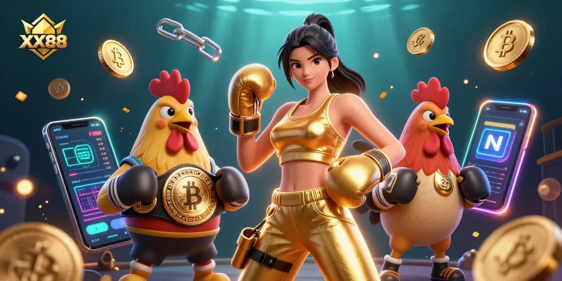 Spin jackpots at XX88 with a powerful athlete and a championship rooster in an energetic casino scene.