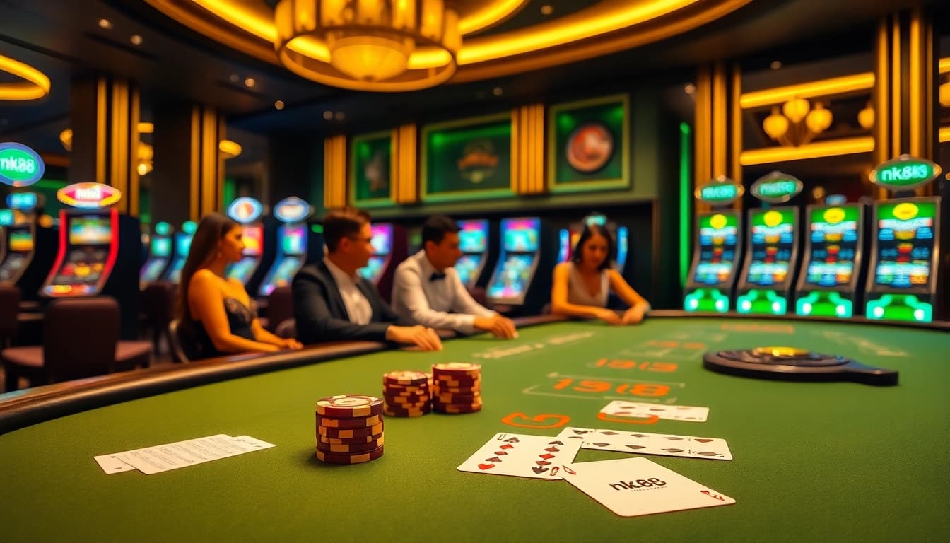 Players enjoying a thrilling game at nk88 casino, surrounded by vibrant slot machines and poker tables.