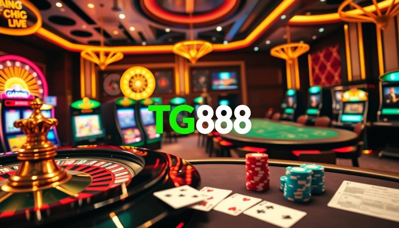 The vibrant gambling scene showcasing "trang chủ TG88" with poker tables, roulette wheels, and casino excitement.