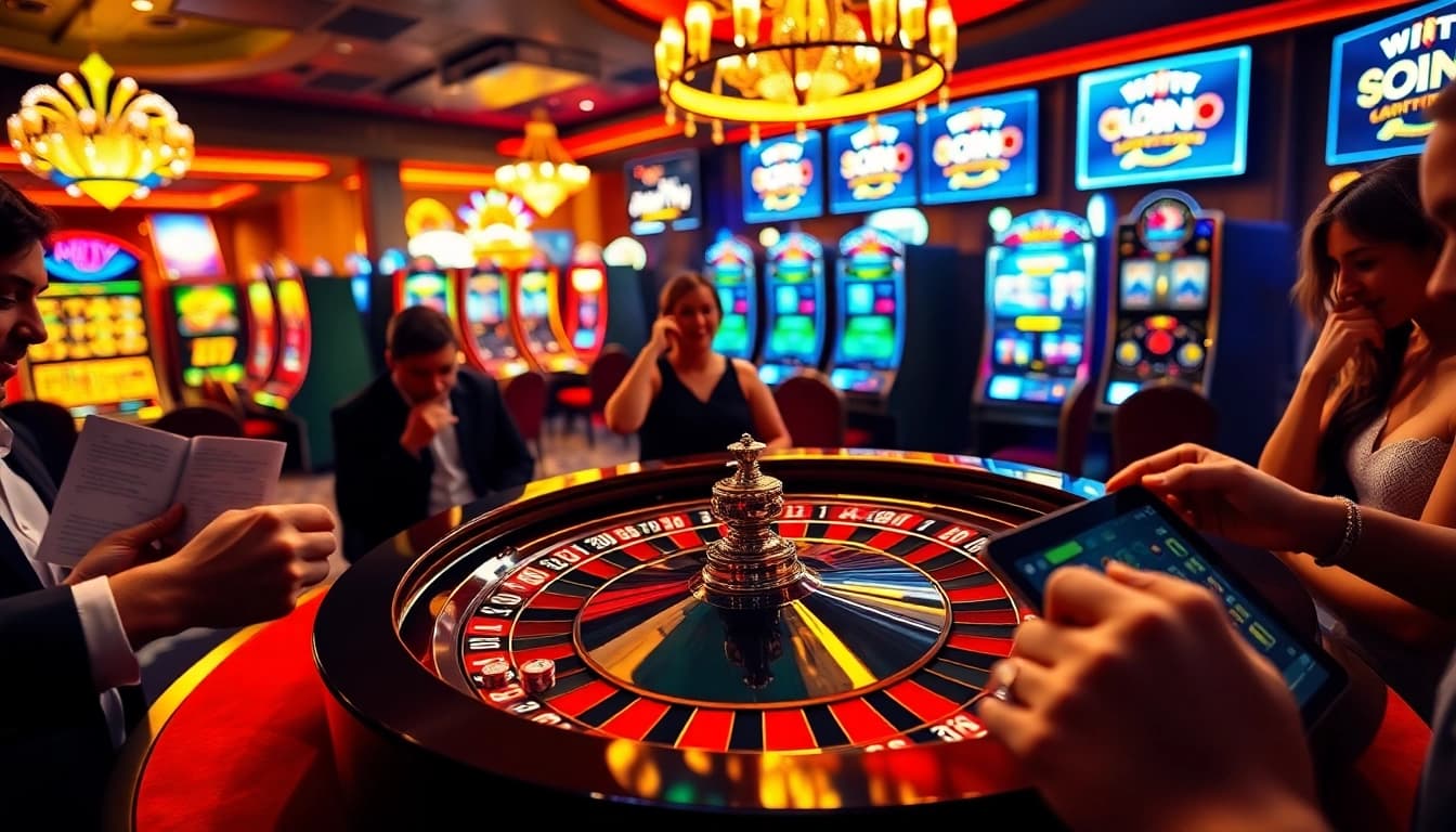 Experience high-stakes excitement at LuckyWin's vibrant casino scene with roulette and slot machines.