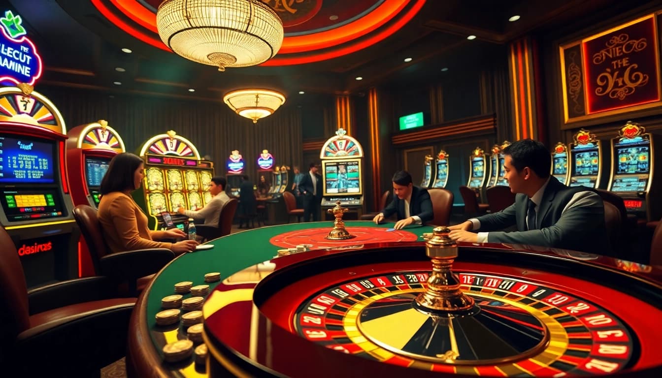 Players enjoying a thrilling game at hm88 casino with poker chips and a roulette wheel in focus.