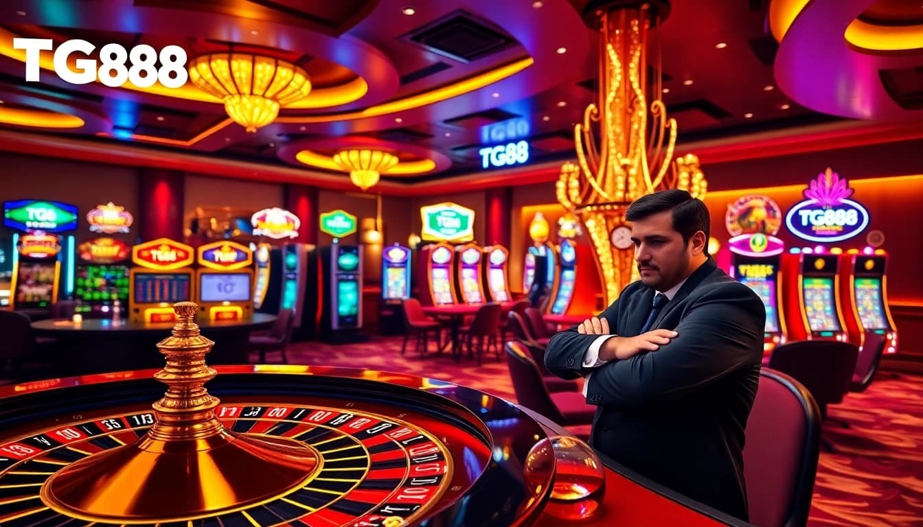 TG88 players engaging in exciting roulette and slots within an upscale casino atmosphere.