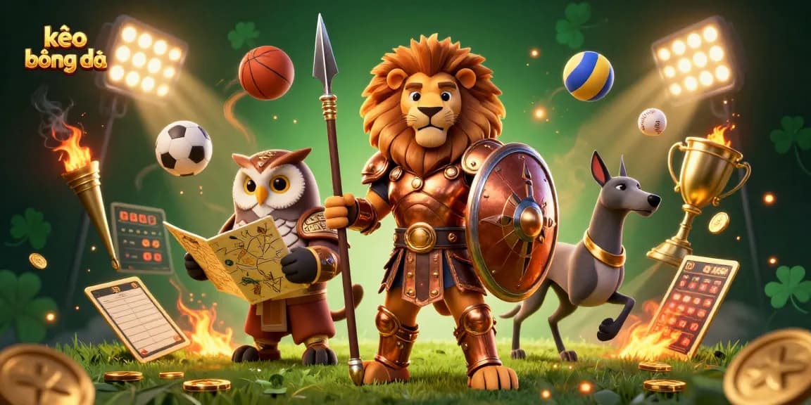 Engage in thrilling sports betting with kèo bóng đá, depicted in a vibrant 3D illustration featuring dynamic elements and characters.