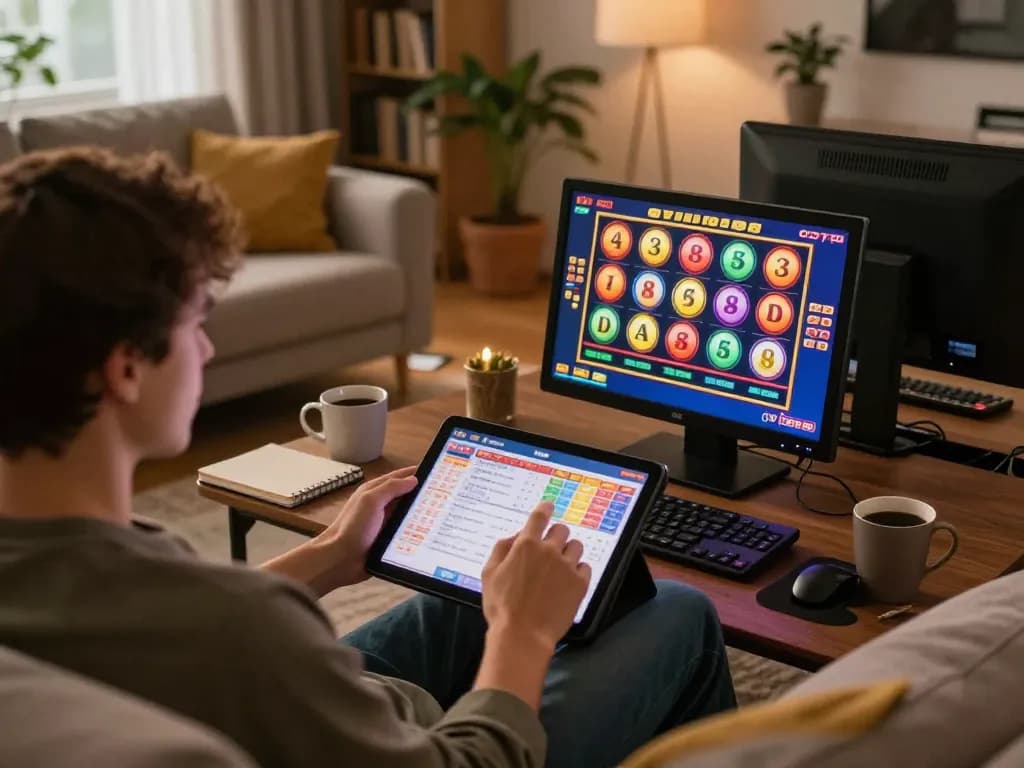 Player engaging in exciting online slots at home with uu88 tablet and strategic notes.