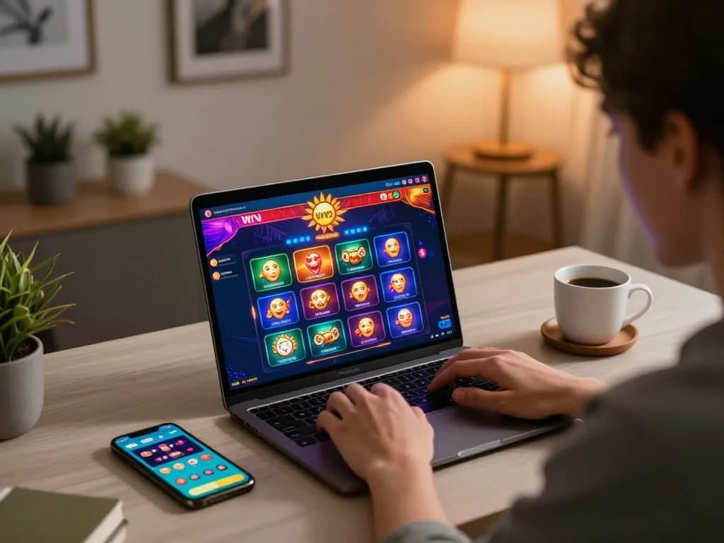 Engaging player enjoying the sun win casino experience on laptop with vibrant gaming visuals