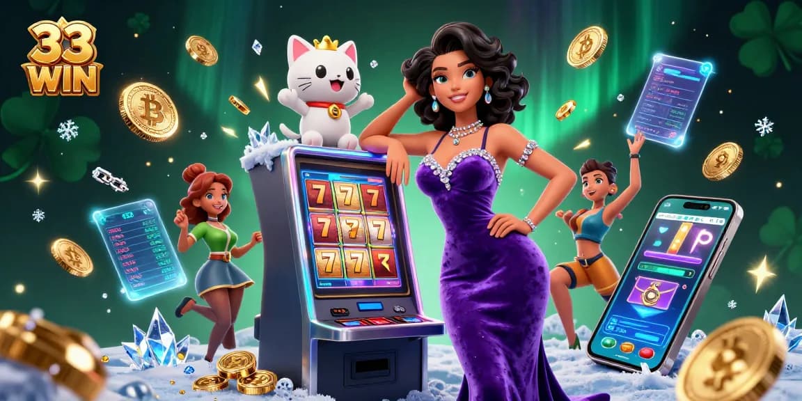 Play slots and win with the 33 WIN brand in a colorful casino scene featuring vibrant characters.