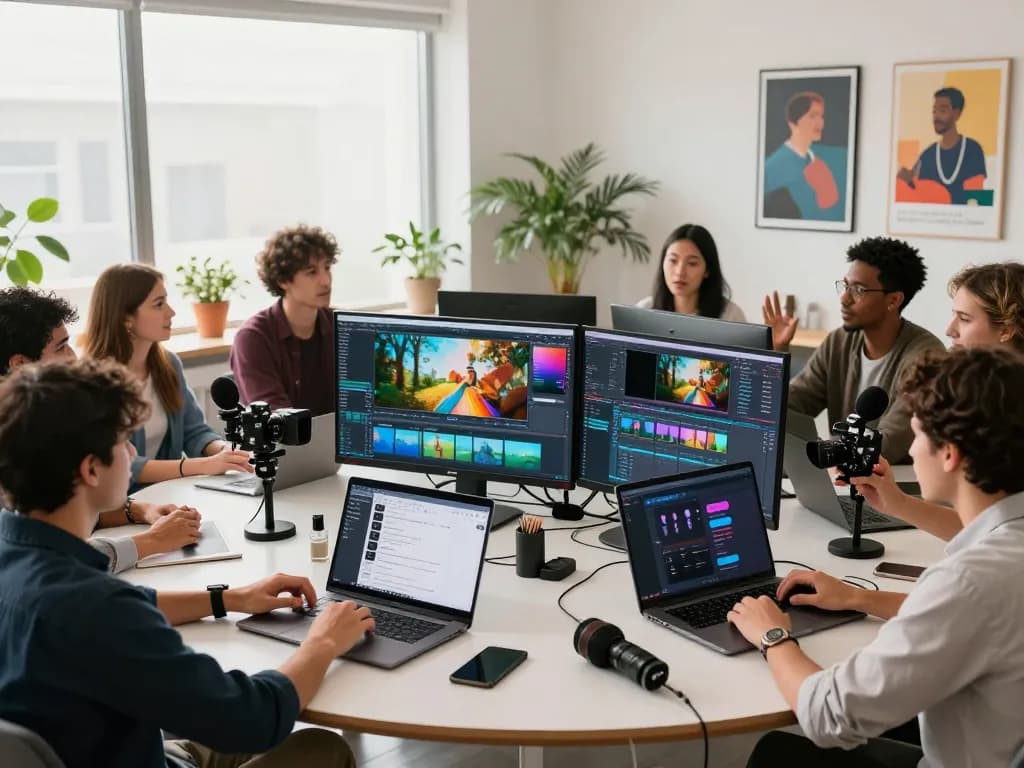 Diverse team using Seedance AI for innovative video production in a collaborative studio.