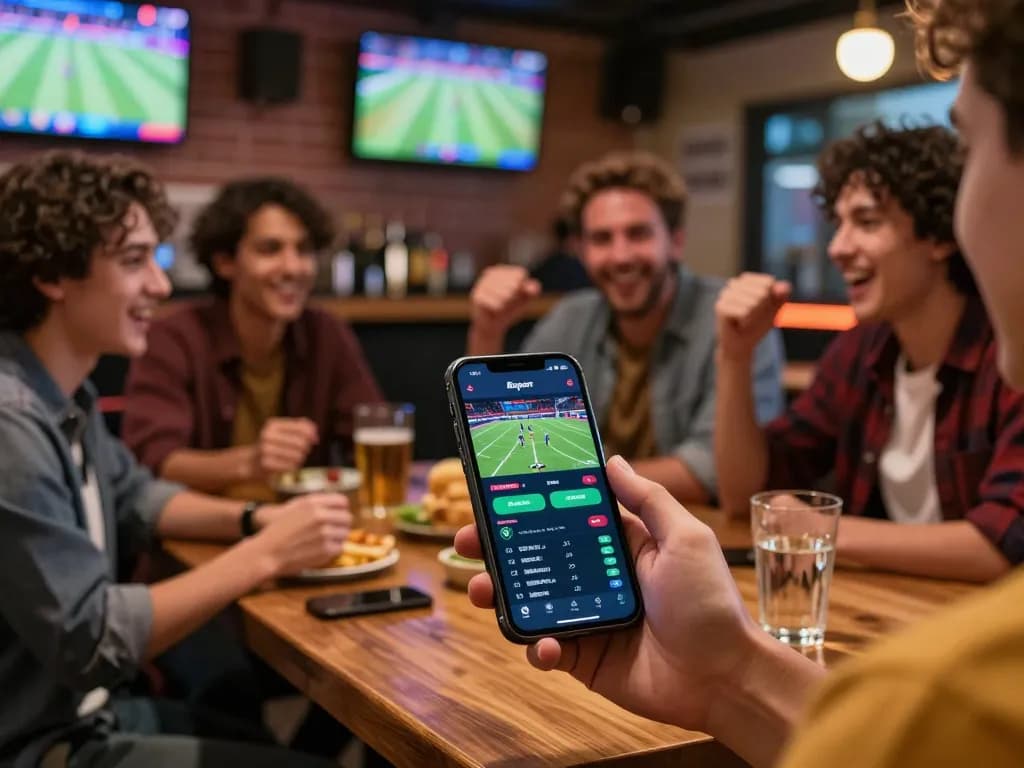 Placing bets using the Bsport app in a lively sports bar during exciting game night.