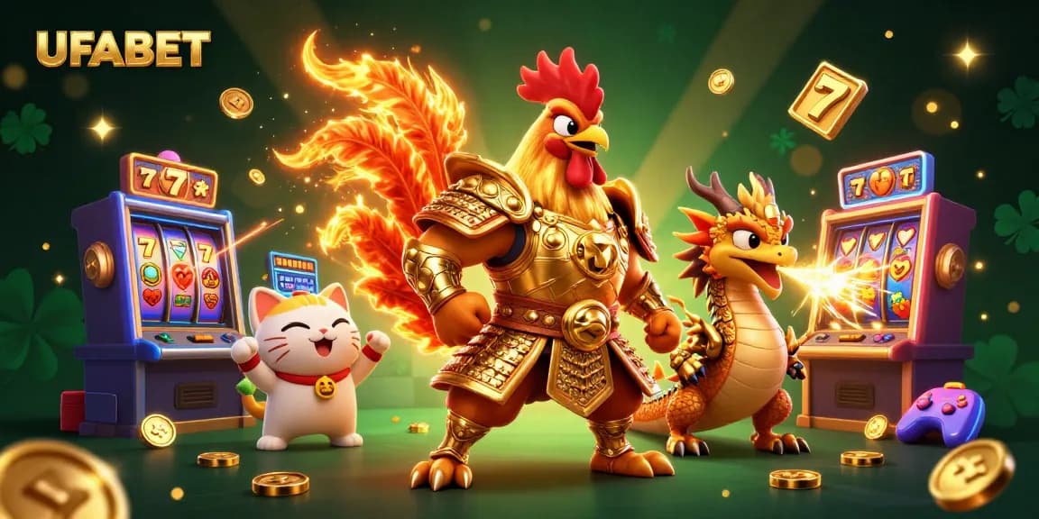 UFABET spins golden slot jackpots with a fiery rooster warrior and armored dragon in an epic casino scene.