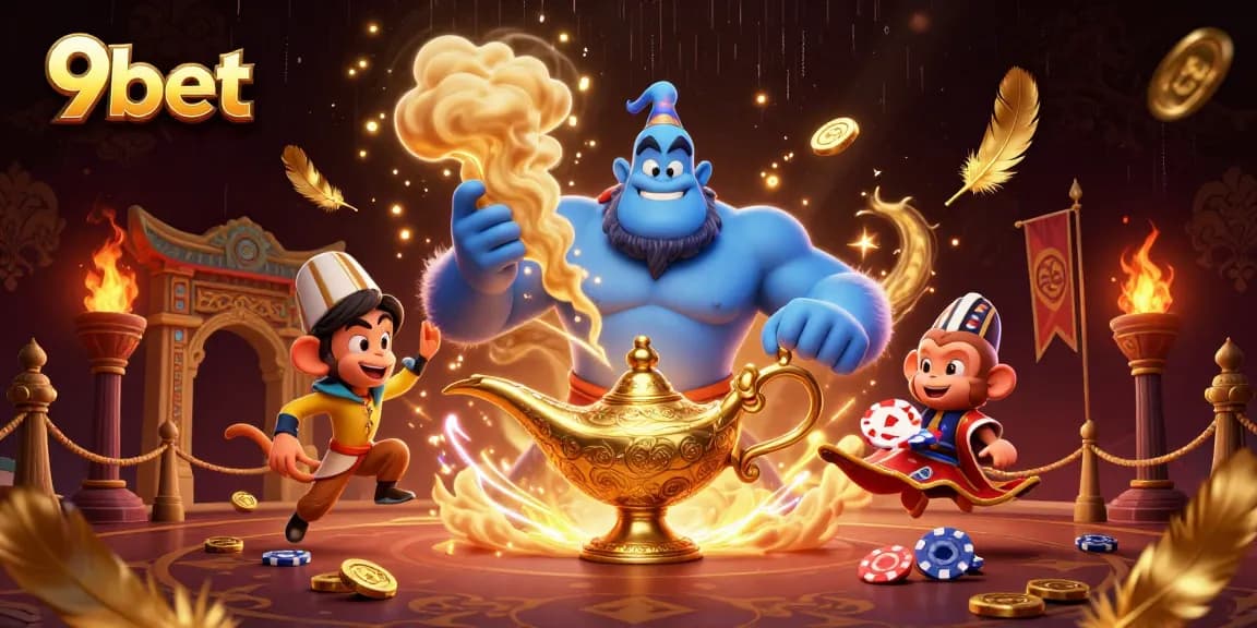 Experience the magic of 9bet with a vibrant casino scene featuring genies, poker chips, and rich decor.
