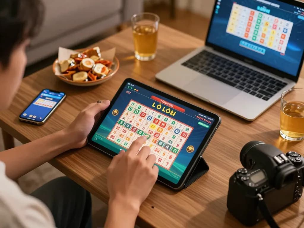 Lô Đề Online gameplay on a tablet screen in a cozy living room with responsible gaming elements