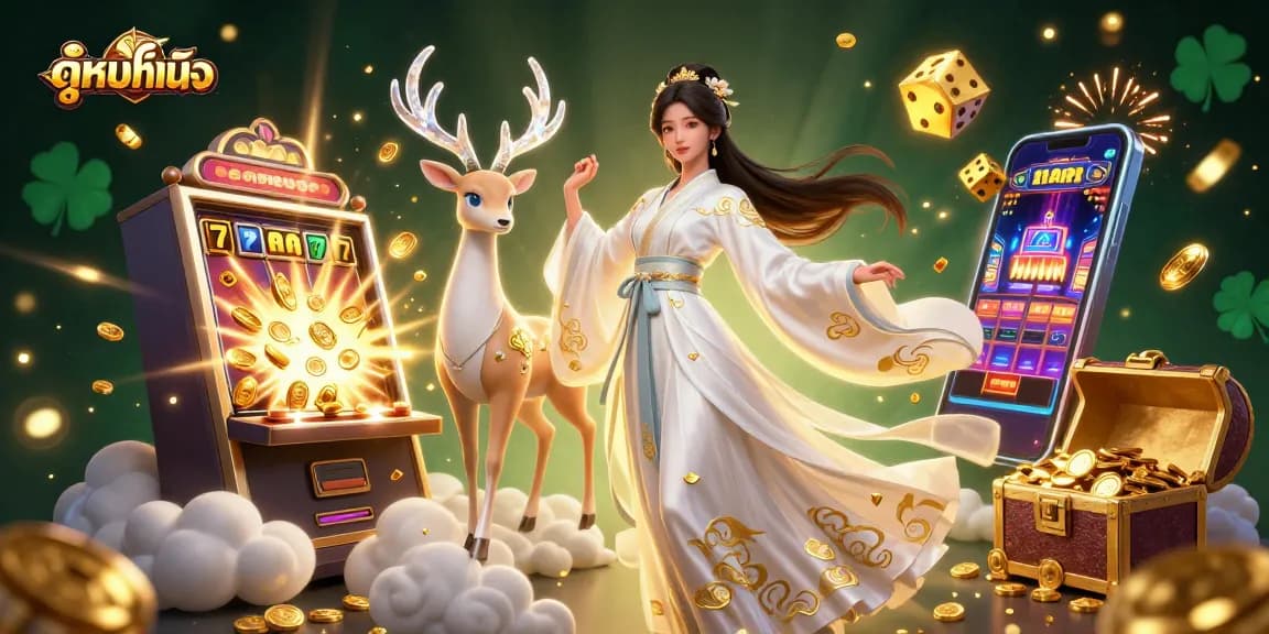 Engage with ดูหนังออนไลน์ as a beautiful woman in traditional attire explores a vibrant casino scene filled with gaming elements.