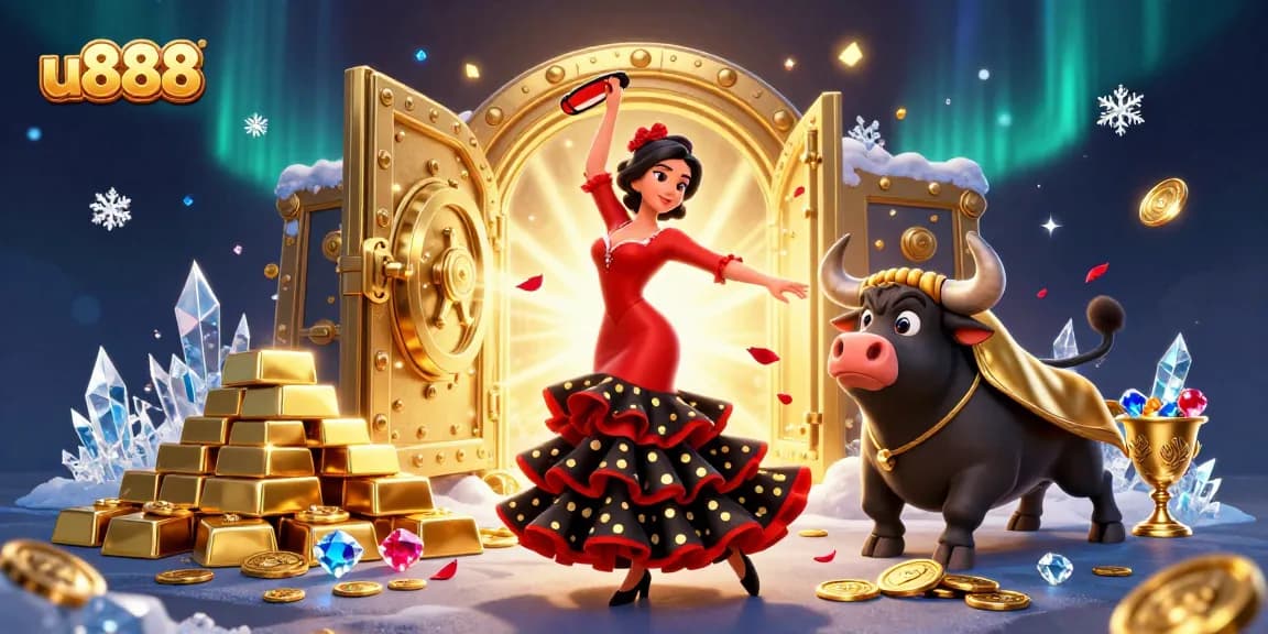Win big with u888 at a lively casino scene featuring a flamenco dancer and a fighting bull.