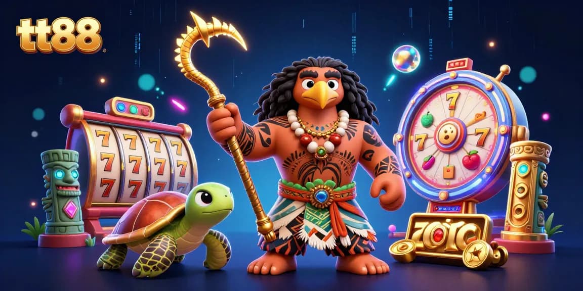 Experience the thrill of tt88 with a vibrant, magical 3D casino scene featuring a demigod and fruits.