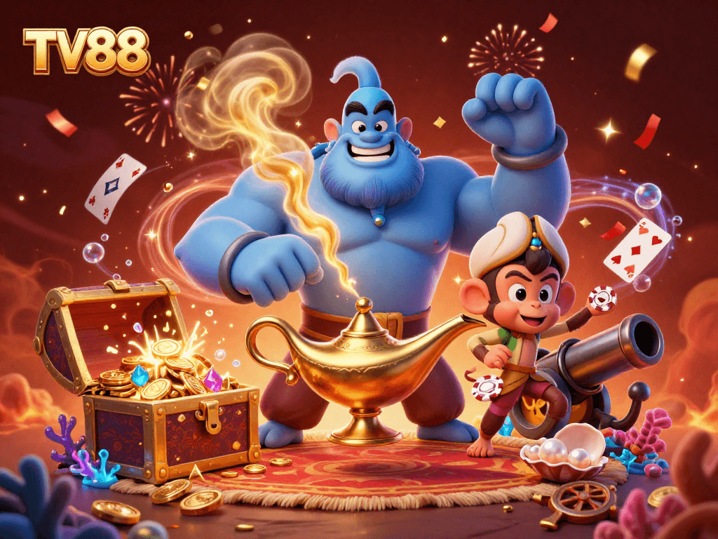 Experience the thrill at TV88 with a vibrant scene featuring a genie, poker chips, and a treasure chest.