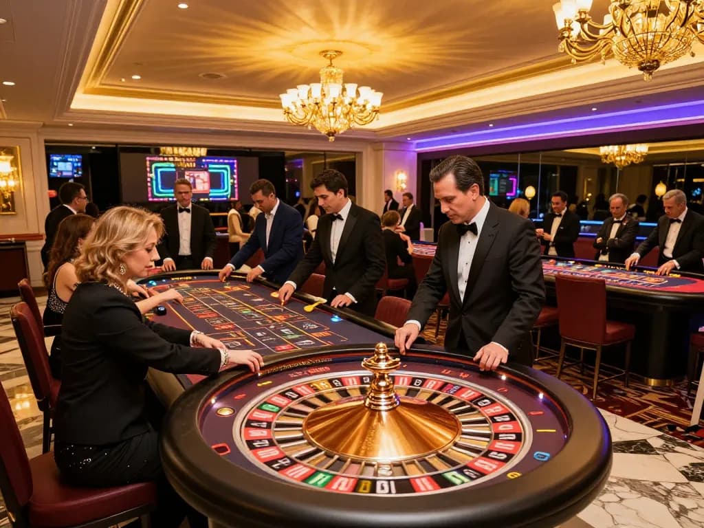 hd88 players placing bets on a roulette table with vibrant ambiance in a luxury casino setting.