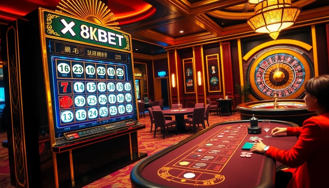 Experience the thrilling Xổ số 8KBET lottery draw amidst a luxurious casino atmosphere.