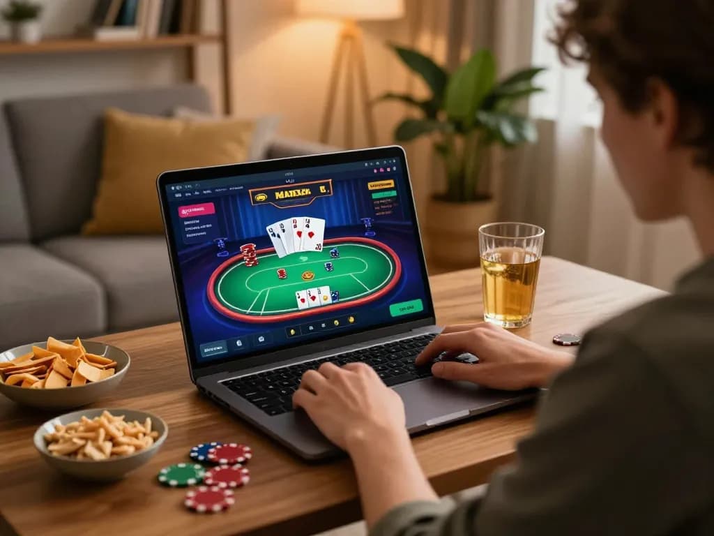 Engaging player analyzing betting options on f8betz online poker interface in cozy home setting.