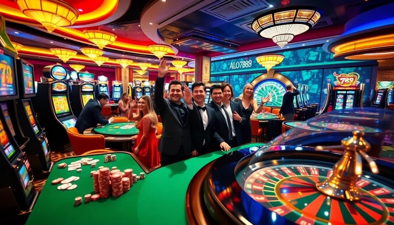 Play exciting games at alo 789, enjoying a vibrant casino atmosphere with enthusiastic gamblers and luxury decor.
