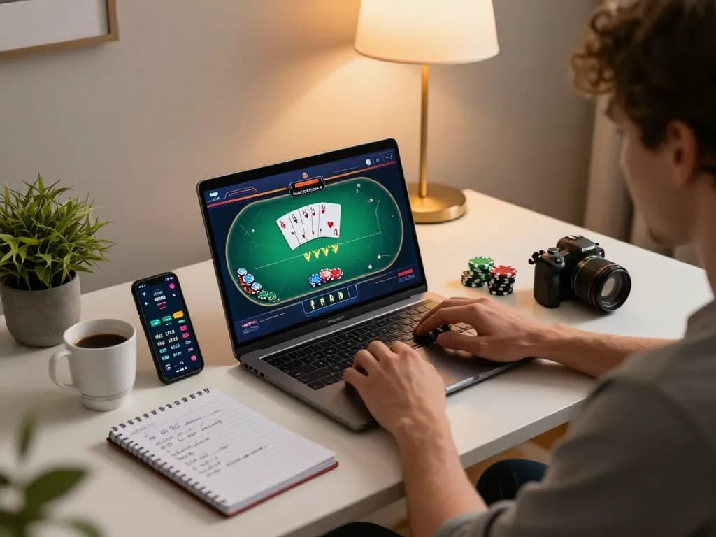 Engaging poker game on a laptop for hitclub members, showcasing strategic playing and note-taking for better odds.
