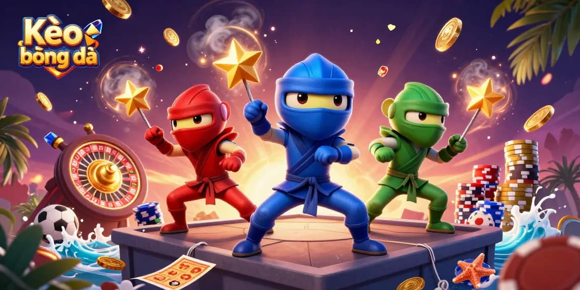 Kèo bóng đá scene featuring ninja chameleon team amidst dynamic sports betting elements and colorful casino tokens.