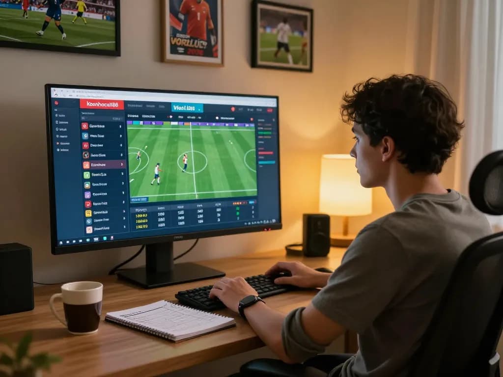 Person analyzing odds and placing bets on keonhacaii88 site in a cozy home office setup.