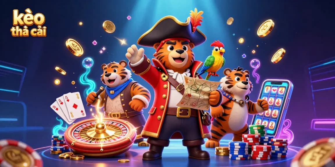 Engage in kèo nhà cái with rich visuals of a pirate bear, tiger, and treasure while dynamic gaming elements cascade.