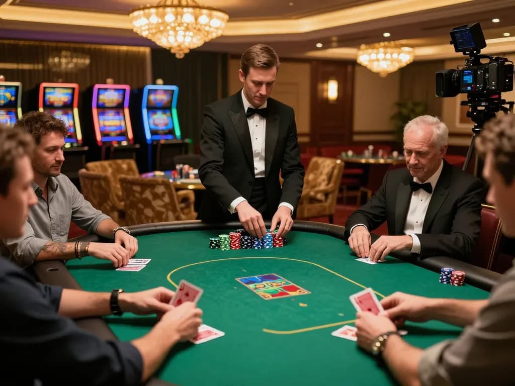 VIPWIN poker players engaged in a strategic game with warm casino ambiance.