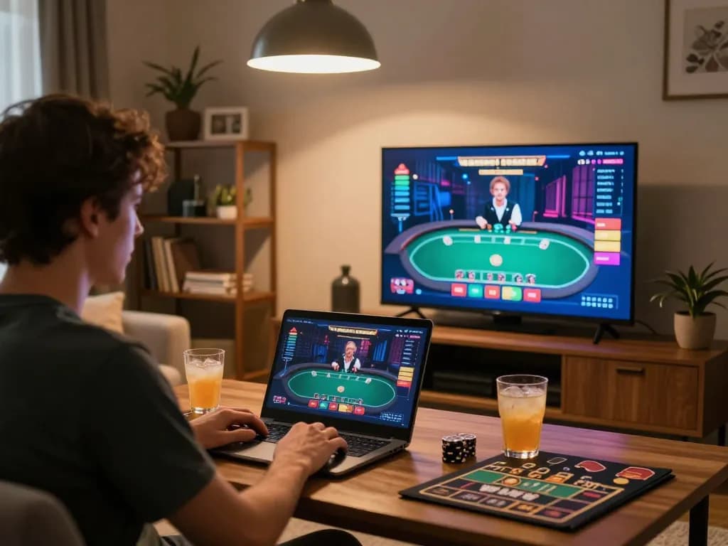 Action of engaging in online gaming at home, link vào 98win displayed on screen with vibrant casino graphics