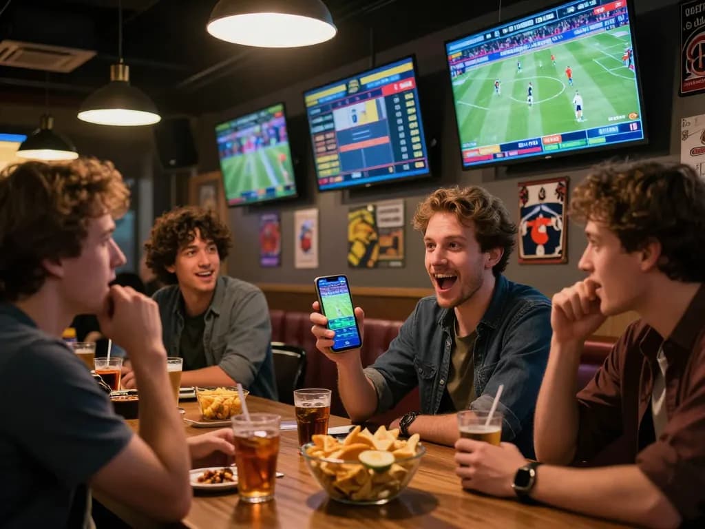 Exciting moment of live betting on tỷ lệ kèo trực tuyến at a sports bar with friends.