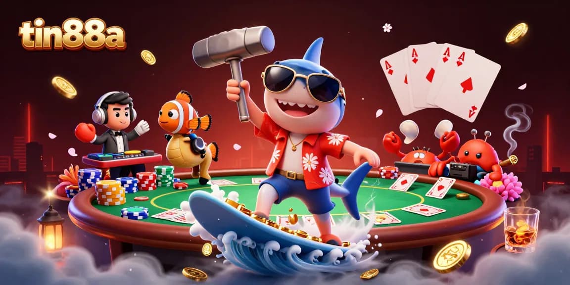 Experience a thrilling scene with tin88a where a shark revels in a casino atmosphere filled with gold coins.