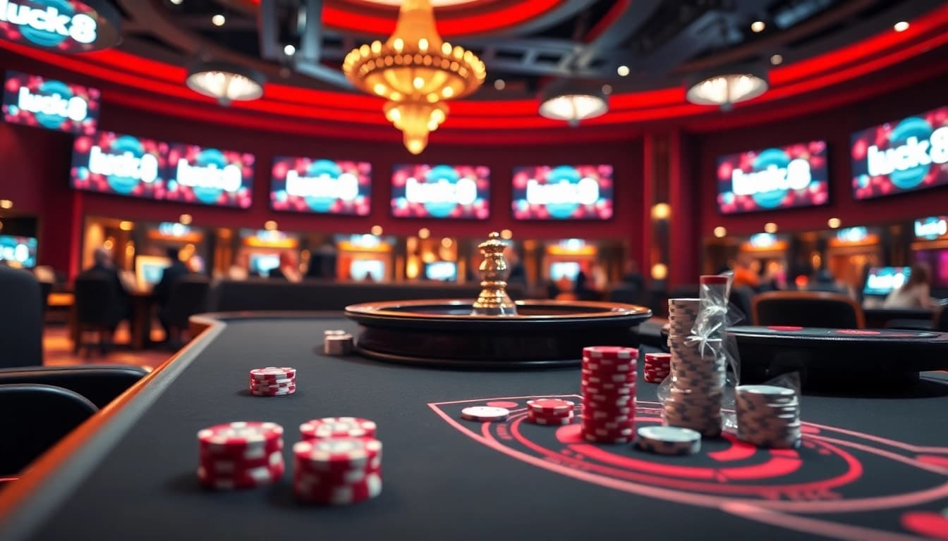 Experience the thrill of luck8 đăng nhập at an elegant casino with poker tables and roulette.
