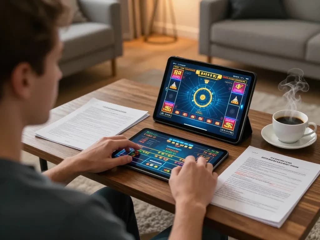 Player strategizing on tablet for online gaming at 78winvina, showcasing engaging casino atmosphere
