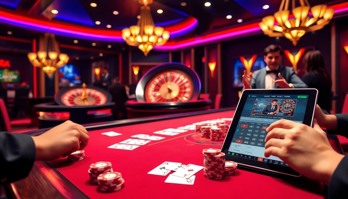 Experience the excitement of gambling on trang chủ NK88 with a vibrant casino scene featuring poker and roulette.