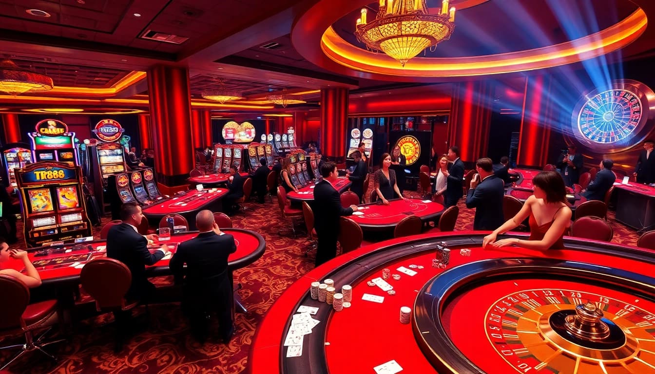 Experience the thrill of the TR88 bet with vibrant casino tables, chips, and players immersed in action.
