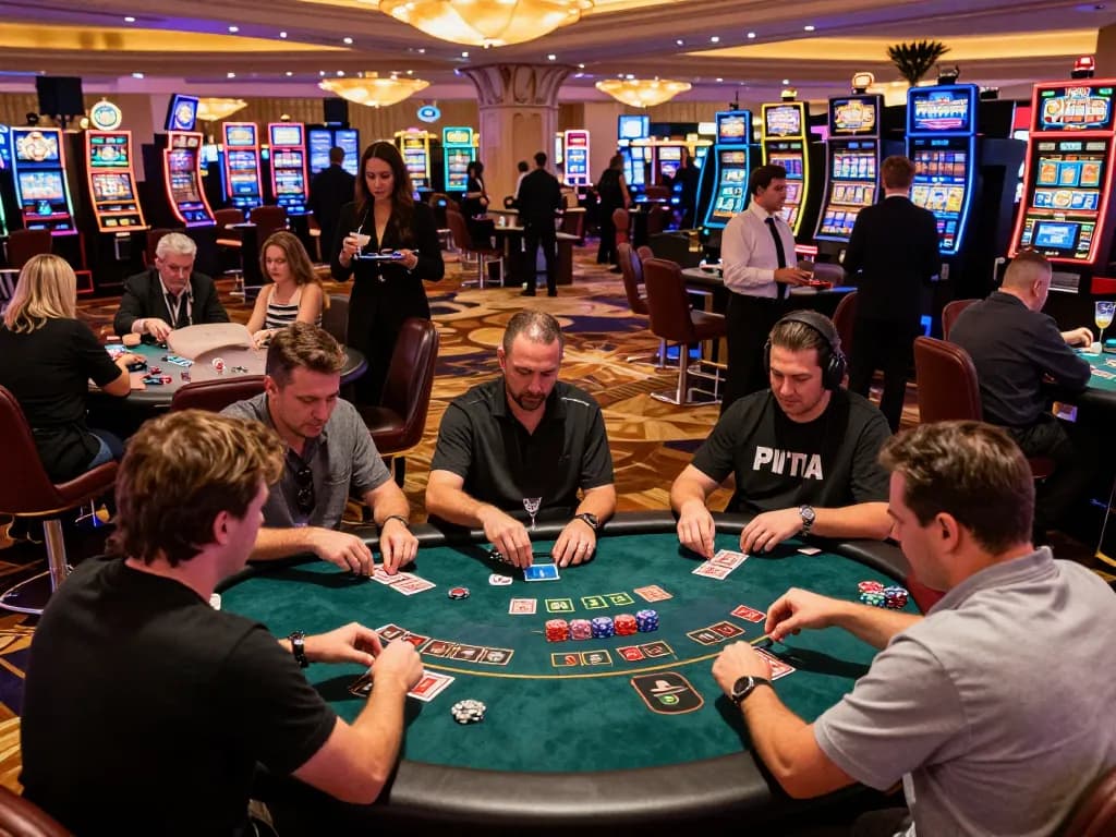 Players strategizing their bets at a busy blackjack table in a vibrant Las Vegas casino featuring s666no1