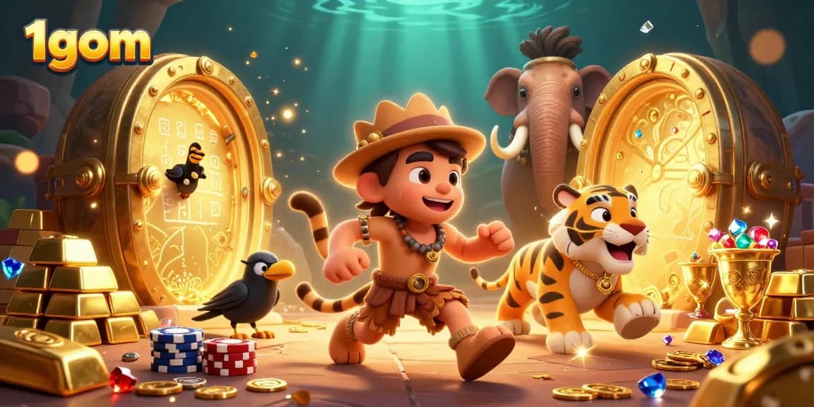 Experience the thrill of betting on 1gom with dynamic visuals of ancient riches and gambling excitement.