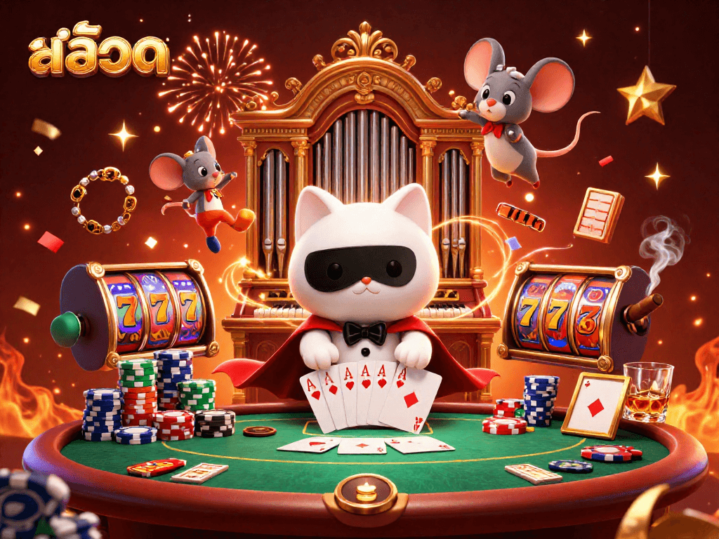 Experience the thrill of สล็อต action with a 3D cat organist, slot reels, and vibrant casino elements.