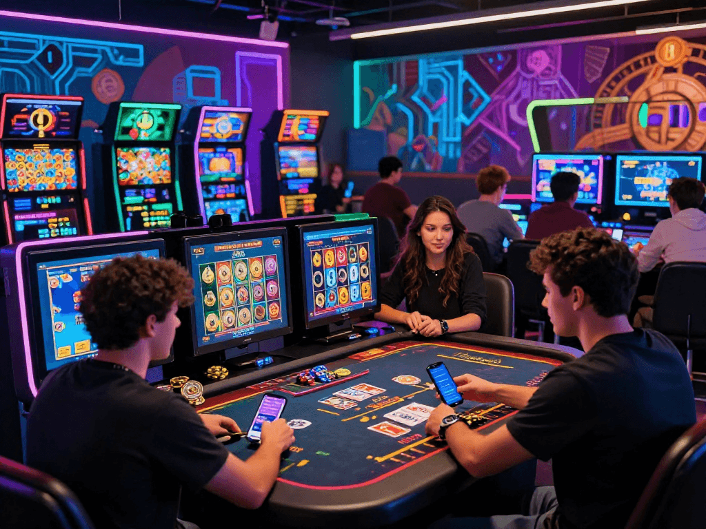 Exciting crypto casino scene with diverse players engaging in digital games and neon lights.