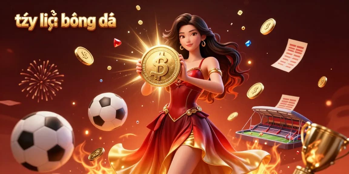 Bet on tỷ lệ bóng đá with detailed 3D illustration showcasing sports elements, vibrant colors, and dynamic visual effects.