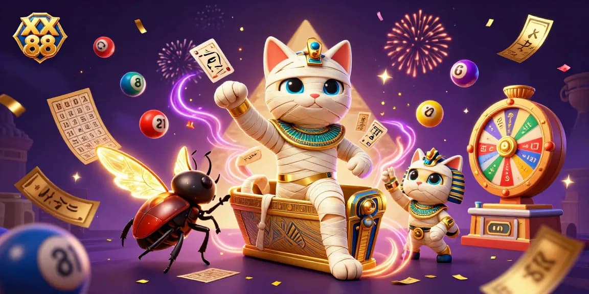 Engage with XX 88 in exciting casino games featuring an Egyptian mummy cat, vibrant lottery elements, and magical energy.
