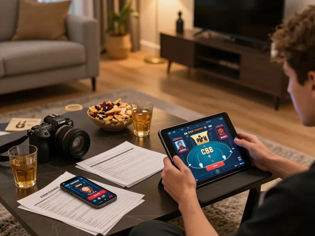 Engaging in cs88 vip gaming experience on tablet in cozy home setup