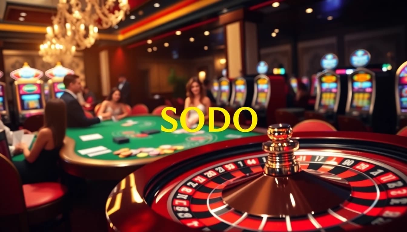 SODO CASINO logo on a roulette wheel surrounded by excited players and casino chips.