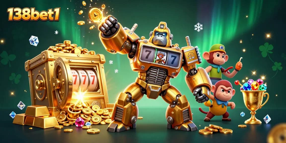 Engage and win with 138bet1 in this spectacular 3D casino-themed illustration featuring a golden gorilla mech.