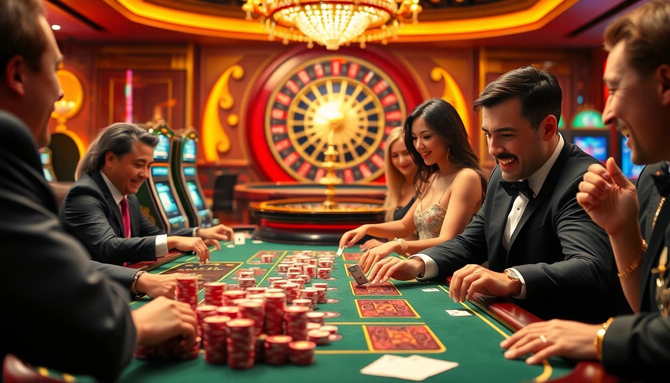 Players experiencing lively action at a QQ88pro Vip gaming table with vibrant chips and luxurious ambiance.