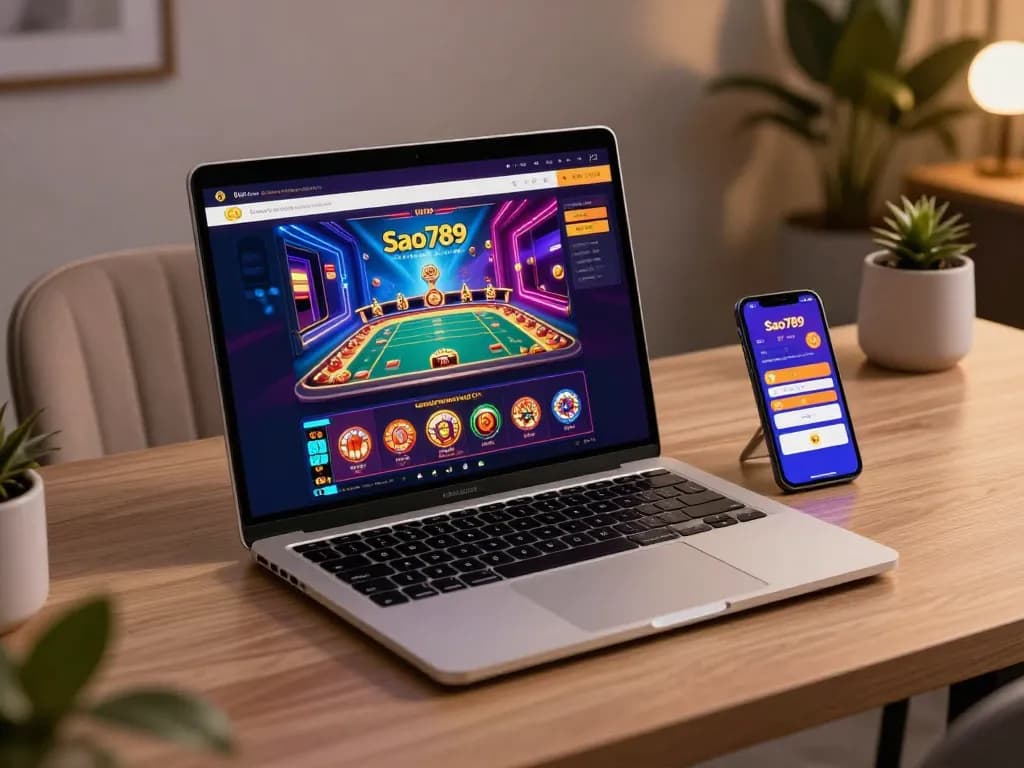 Sao789 online gaming setup with laptop and smartphone displaying casino interface