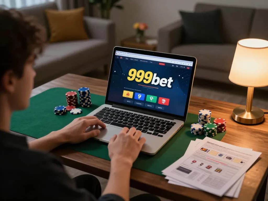 Person enjoying online gambling on 999bet platform with poker chips and strategy notes.